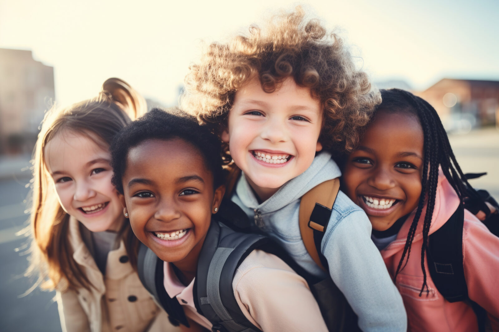Portrait of a group of children going back to school . Child wearing a backpack ready for the first day of kindergarten