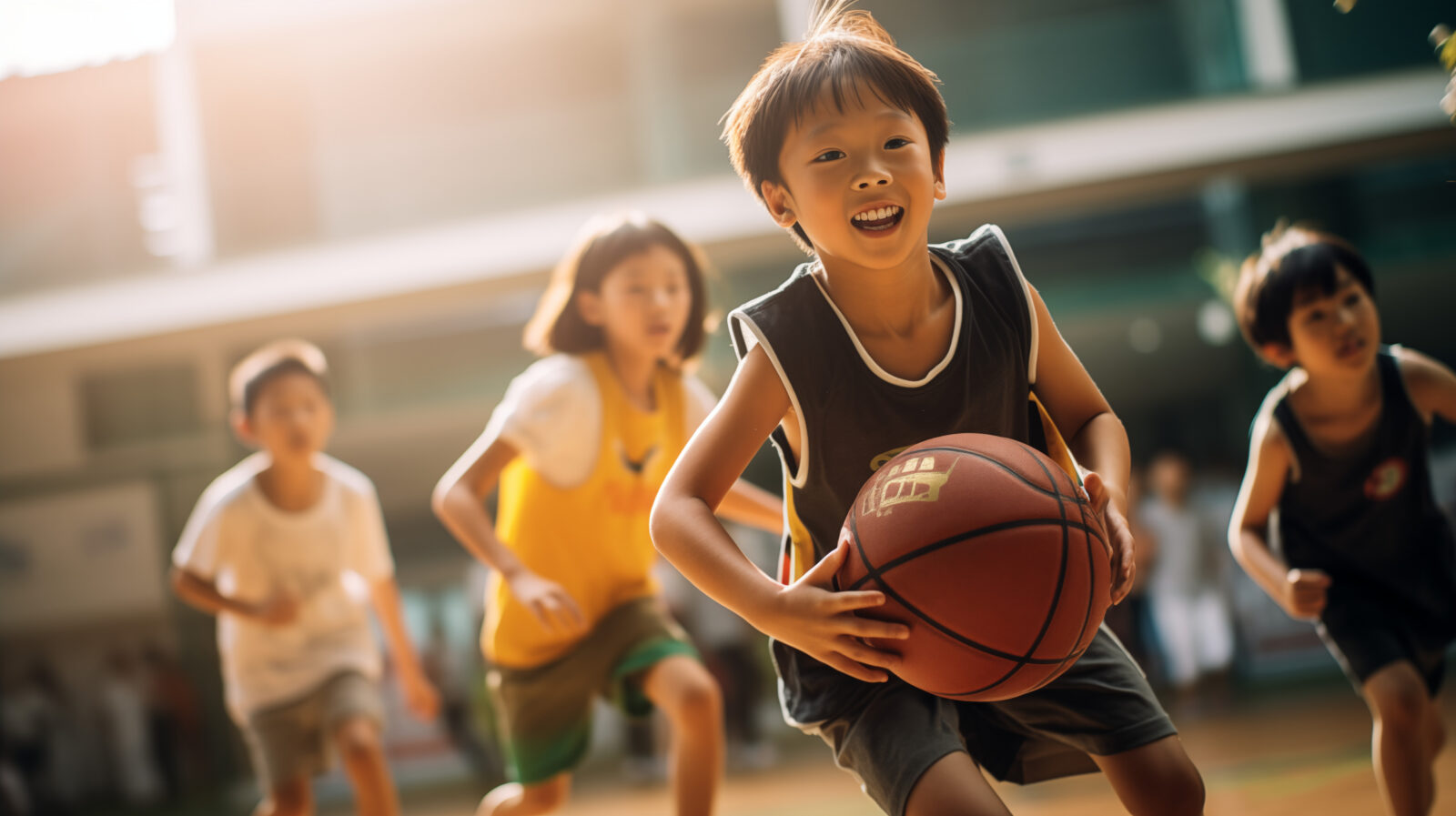 Elementary kids playing basketball on court. World basketball day concept